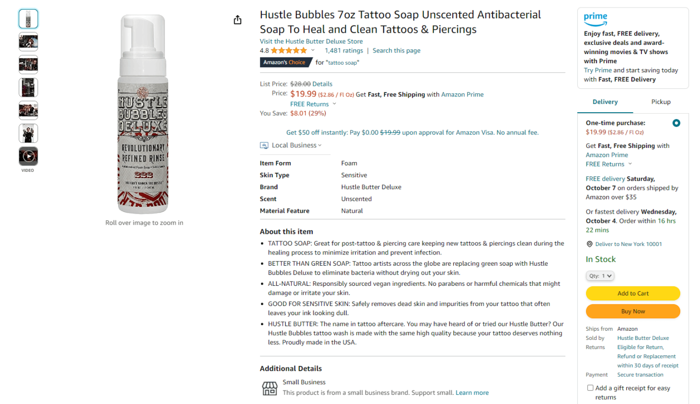 Amazon listing example of antibacterial soap for tattoos
