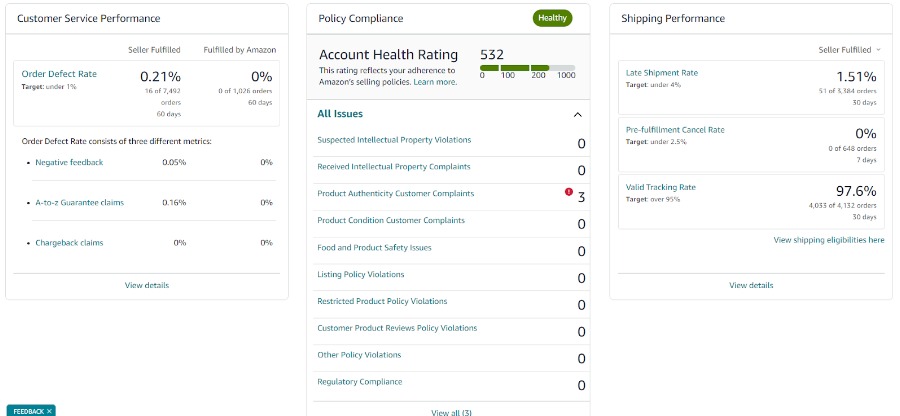 Account Health Rating on Seller Central accessible via Menu > Performance > Account Health.