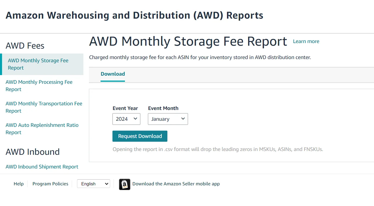 AWD Monthly Storage Fee Report Screenshot