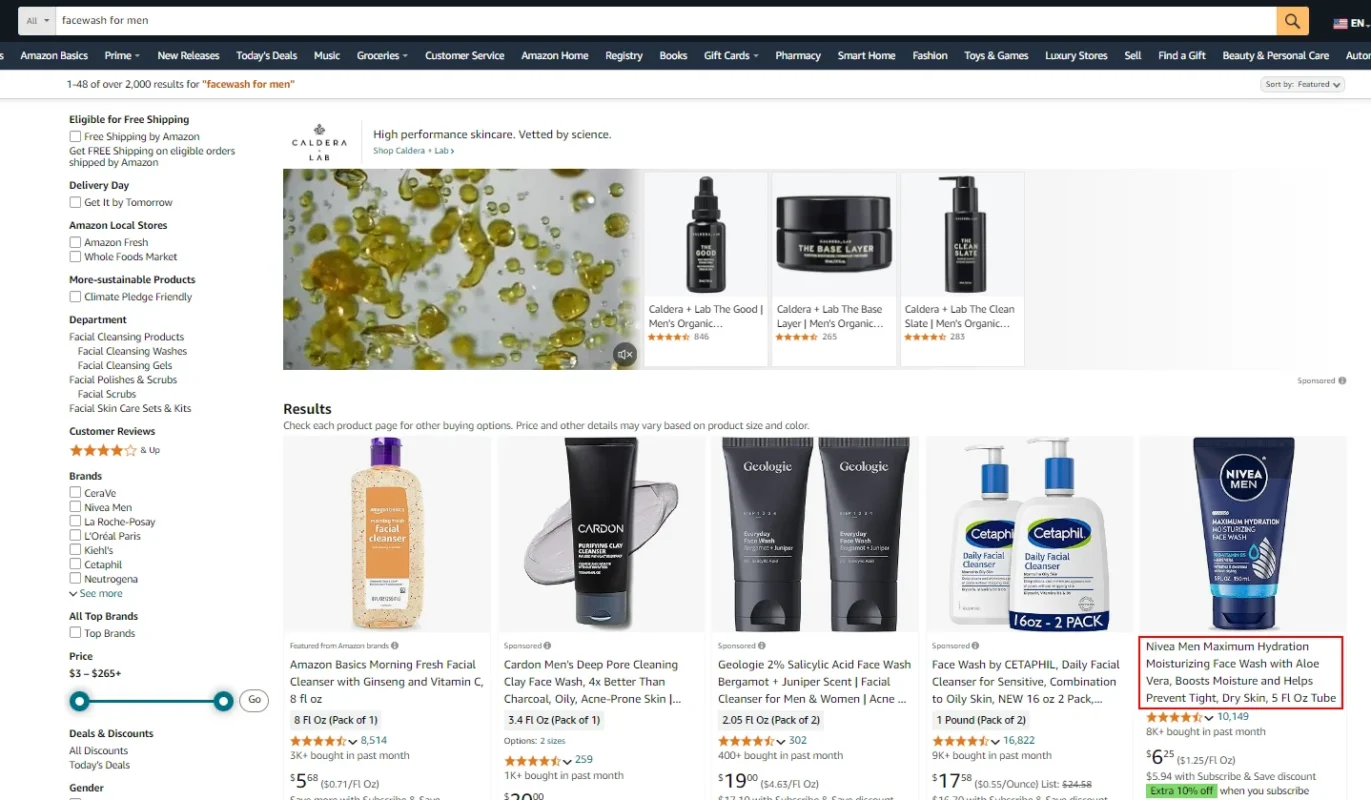 For the query “facewash for men,” Nivea’s product is ranked on top via organic Amazon SEO.