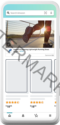 Amazon Sponsored Display ad placement on mobile search results, featuring a lifestyle image with video play button above product details.