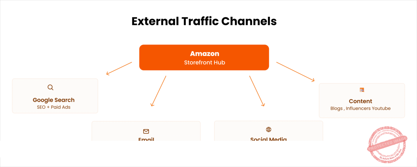 Infographic showing the external traffic sources that drive buyers to Amazon Storefront 