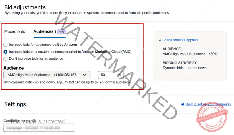Screenshot of Amazon Sponsored Products campaign setup showing new audience targeting option, with bid adjustments for custom audiences created in Amazon Marketing Cloud (AMC) and lookalike segments.