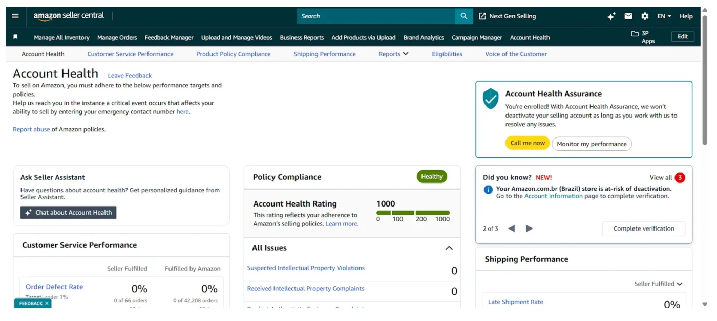 image showing a good account health rating for amazon