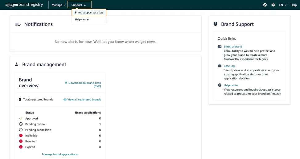 image showing how to contact brand support through brand registry