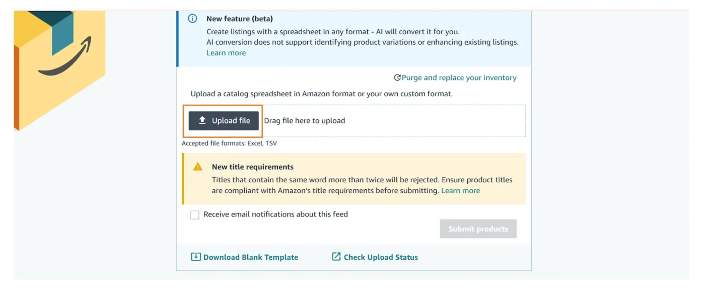 image showing how to upload CSV file with updated GS1 barcode for Amazon details