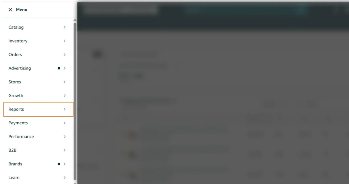 image showing step 1 of how to access active listings report to change to Amazon GS1 barcode