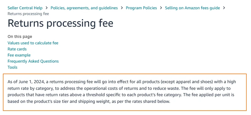 image showing amazon returns processing fee policy