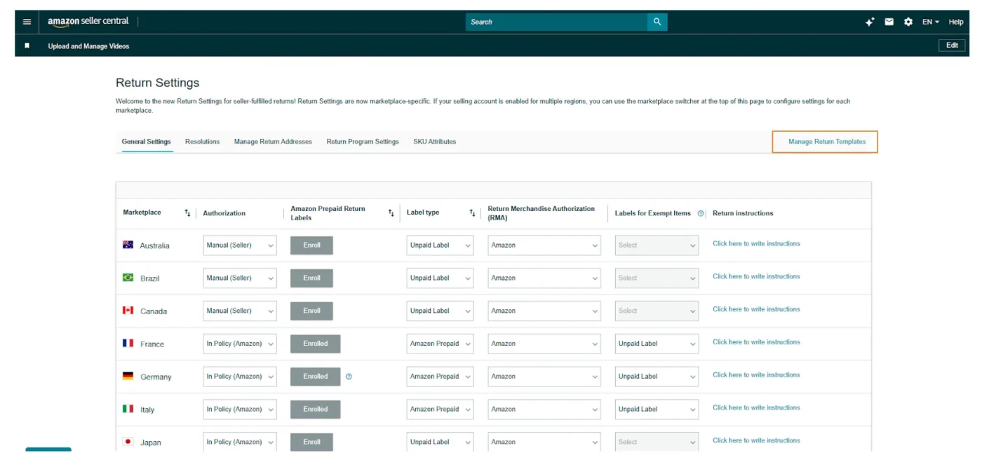 image showing step 1B of setting returnless refunds Amazon for specific SKUs