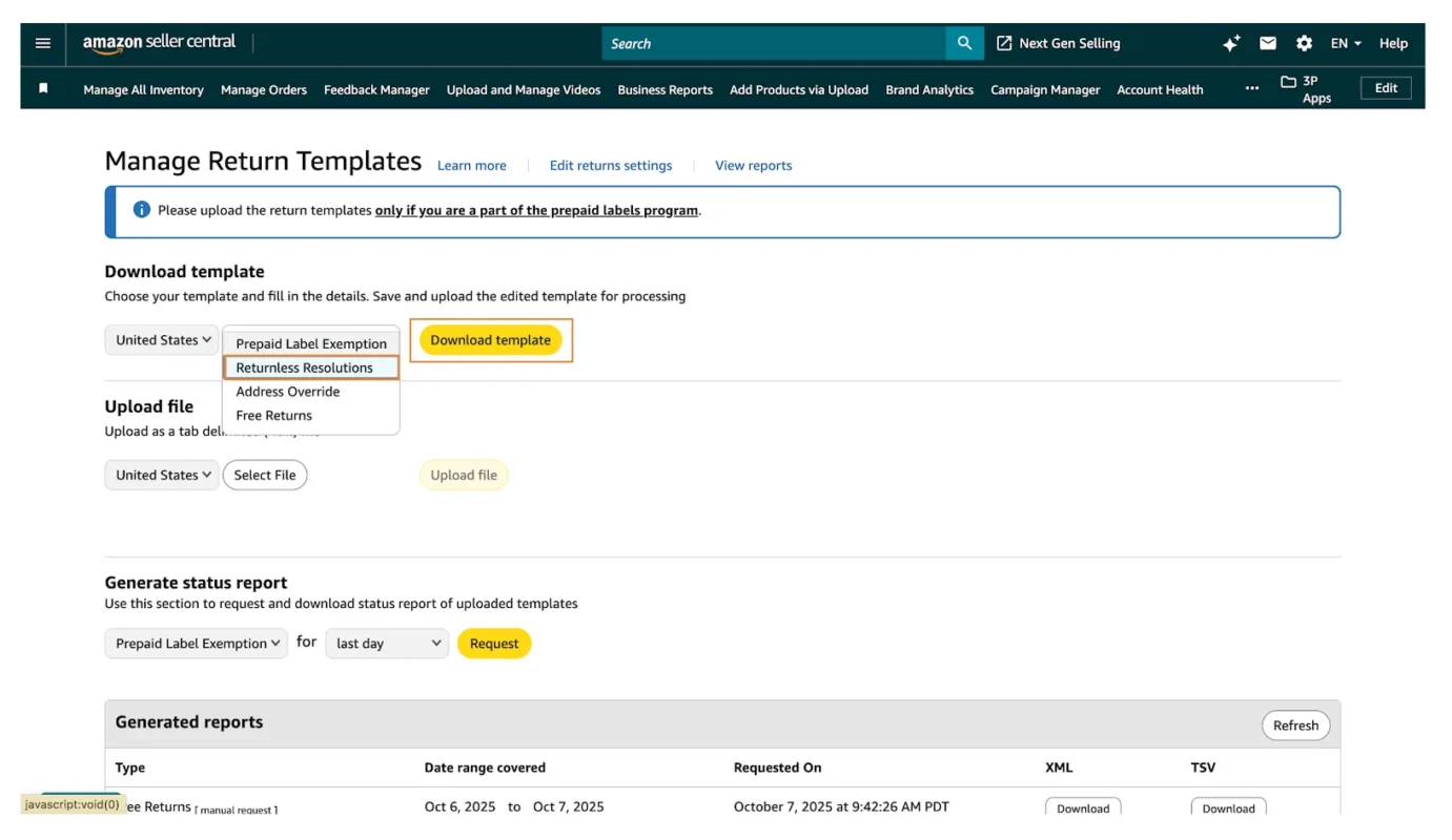 image showing step 2 of setting returnless refunds Amazon for specific SKUs