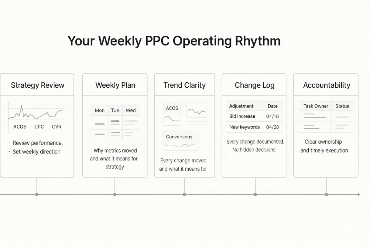 image showing your weekly PPC operating rhythm with AMZDUDES