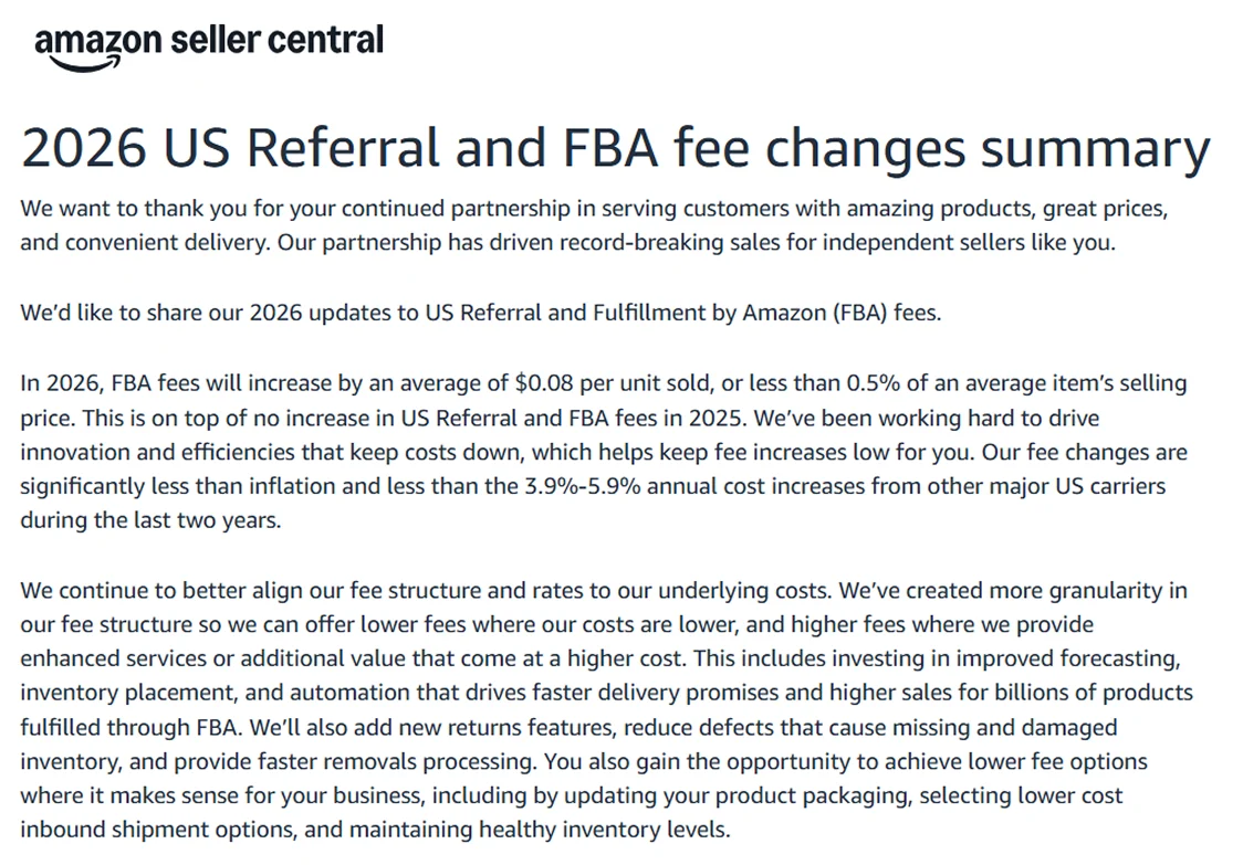 Image showing Amazon announcement of increased fulfillment fee