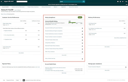 image showing Amazon Account Health Policy Compliance