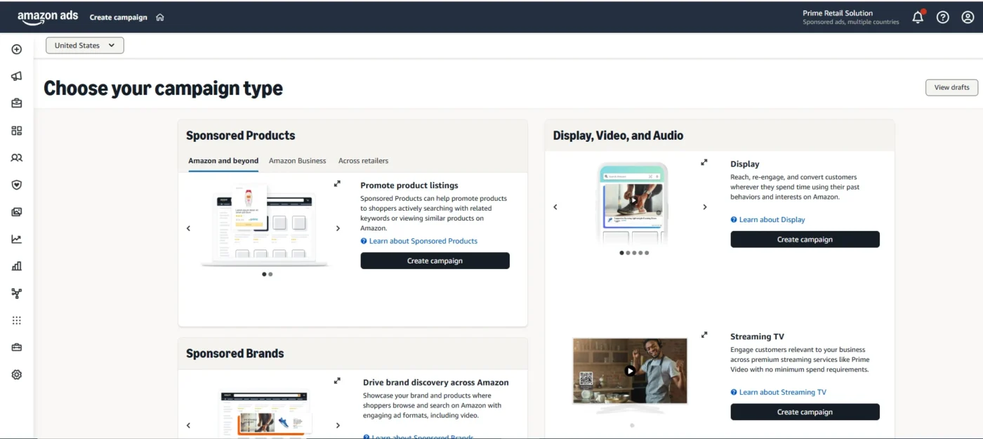 image showing setting up of Amazon sponsored product ads through seller central 

